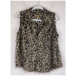 CDW Creative Design Works Sleeveless Leopard Print Fringe Button Down Blouse L